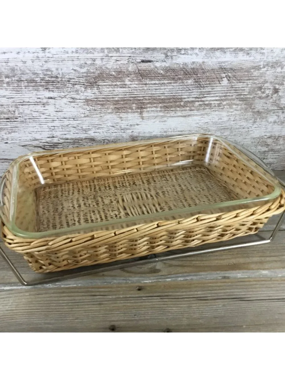 Vintage Glasbake 2½ Qt Rectangular Glass Dish w/ Wicker Basket & Metal Frame